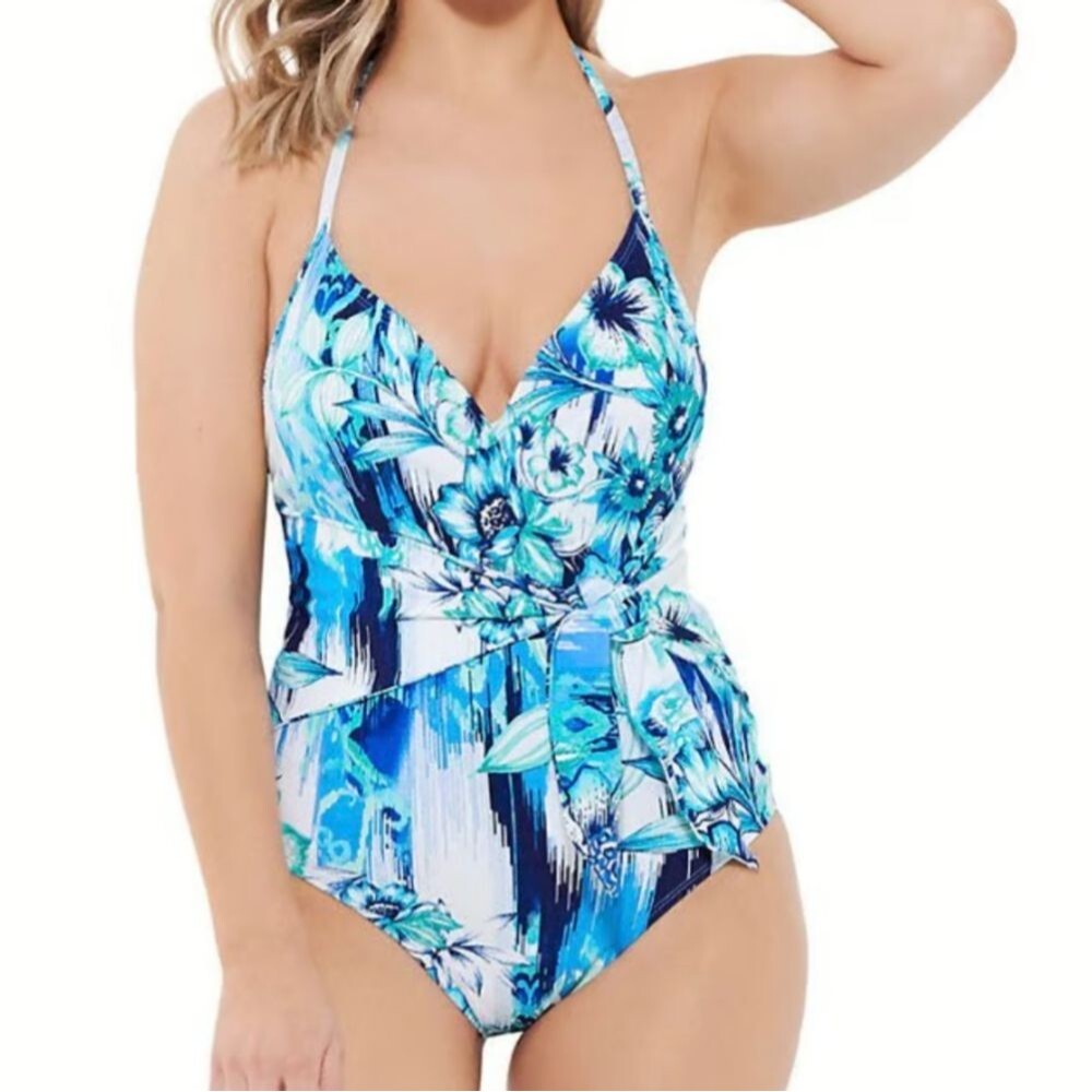 Apt. 9 One Piece Swim Suit Milana Blue Floral Splash Tie Waist Size Large